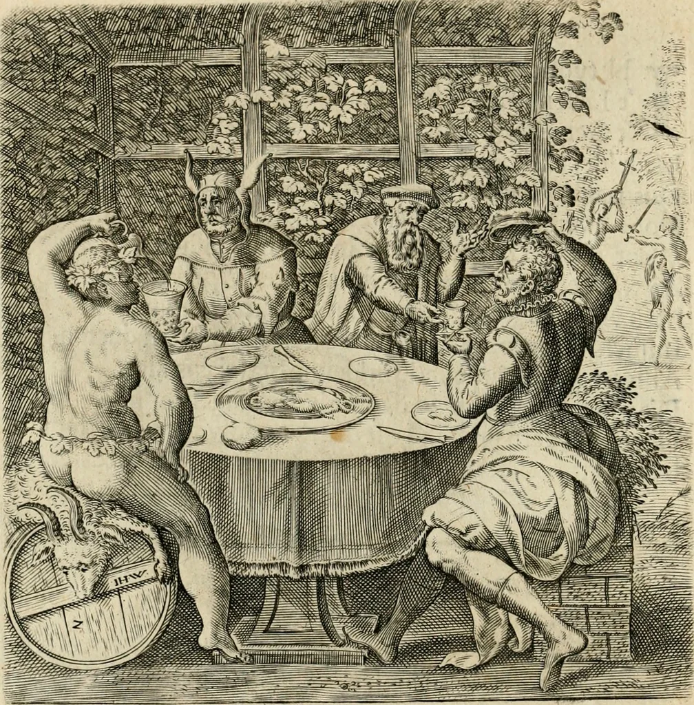 An illustration from Recht ghebruyck ende misbruyck van tydlicke have : welckers sin-rijcke af-beeldingen van D.V. Coornhert zyn bedacht, oock met zyn eygen hand in 't koper gesneden : hier by is gevoegt 't bedrogh des wereldts, of het luije en leckere leven door Pandolphus Collenutius, mede den lof-zang van 't goud, oock gedichten op den A.B.C. alles in seer leer-lycken dicht seer stichtelyck en vermakelyck gestelt, 1620, leaf 11