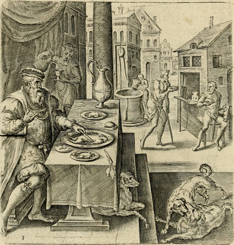 An illustration from Recht ghebruyck ende misbruyck van tydlicke have : welckers sin-rijcke af-beeldingen van D.V. Coornhert zyn bedacht, oock met zyn eygen hand in 't koper gesneden : hier by is gevoegt 't bedrogh des wereldts, of het luije en leckere leven door Pandolphus Collenutius, mede den lof-zang van 't goud, oock gedichten op den A.B.C. alles in seer leer-lycken dicht seer stichtelyck en vermakelyck gestelt, 1620, leaf 13