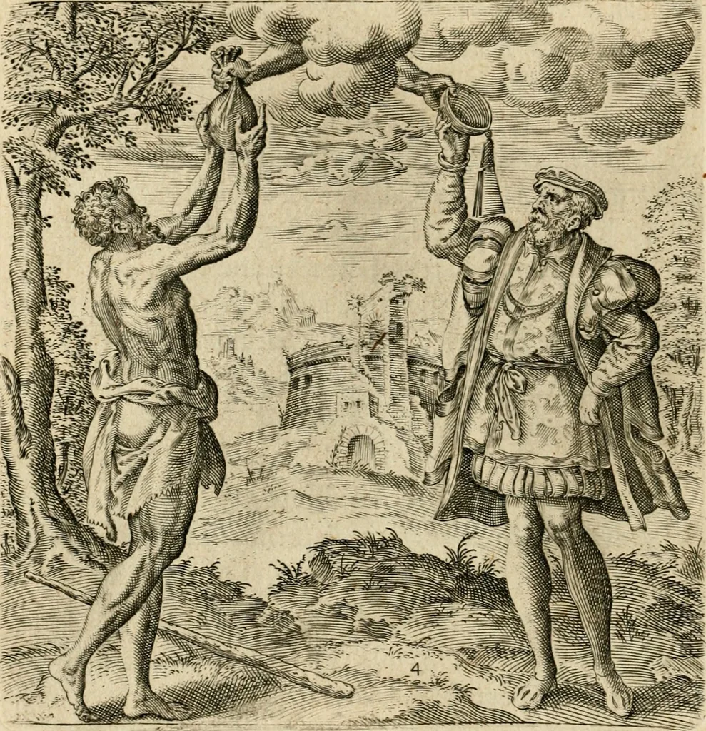 An illustration from Recht ghebruyck ende misbruyck van tydlicke have : welckers sin-rijcke af-beeldingen van D.V. Coornhert zyn bedacht, oock met zyn eygen hand in 't koper gesneden : hier by is gevoegt 't bedrogh des wereldts, of het luije en leckere leven door Pandolphus Collenutius, mede den lof-zang van 't goud, oock gedichten op den A.B.C. alles in seer leer-lycken dicht seer stichtelyck en vermakelyck gestelt, 1620, leaf 15