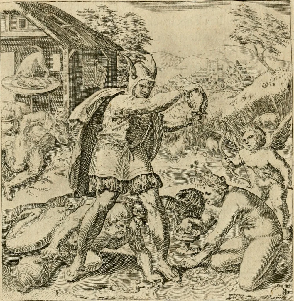 An illustration from Recht ghebruyck ende misbruyck van tydlicke have : welckers sin-rijcke af-beeldingen van D.V. Coornhert zyn bedacht, oock met zyn eygen hand in 't koper gesneden : hier by is gevoegt 't bedrogh des wereldts, of het luije en leckere leven door Pandolphus Collenutius, mede den lof-zang van 't goud, oock gedichten op den A.B.C. alles in seer leer-lycken dicht seer stichtelyck en vermakelyck gestelt, 1620, leaf 17