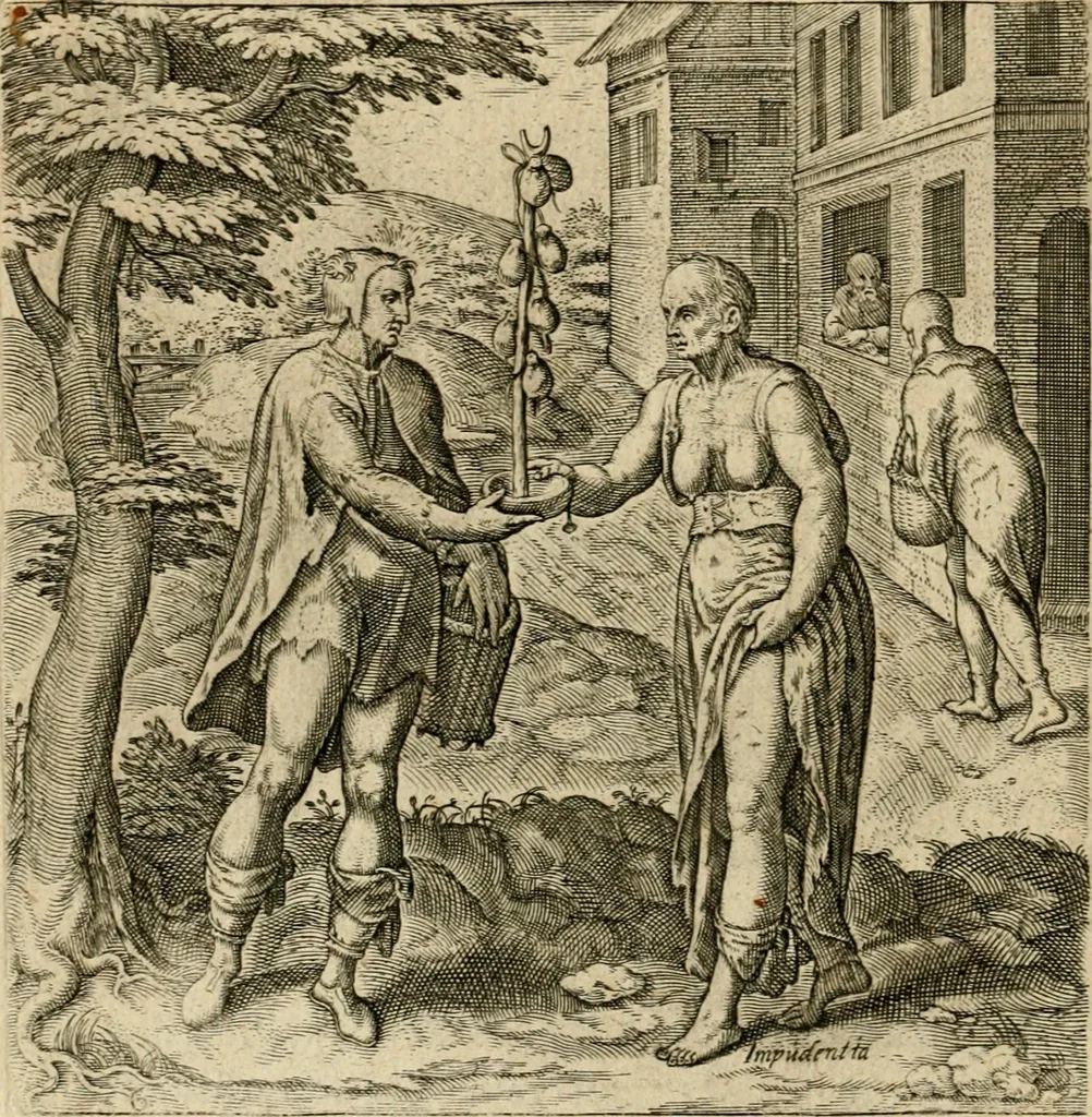 An illustration from Recht ghebruyck ende misbruyck van tydlicke have : welckers sin-rijcke af-beeldingen van D.V. Coornhert zyn bedacht, oock met zyn eygen hand in 't koper gesneden : hier by is gevoegt 't bedrogh des wereldts, of het luije en leckere leven door Pandolphus Collenutius, mede den lof-zang van 't goud, oock gedichten op den A.B.C. alles in seer leer-lycken dicht seer stichtelyck en vermakelyck gestelt, 1620, leaf 19