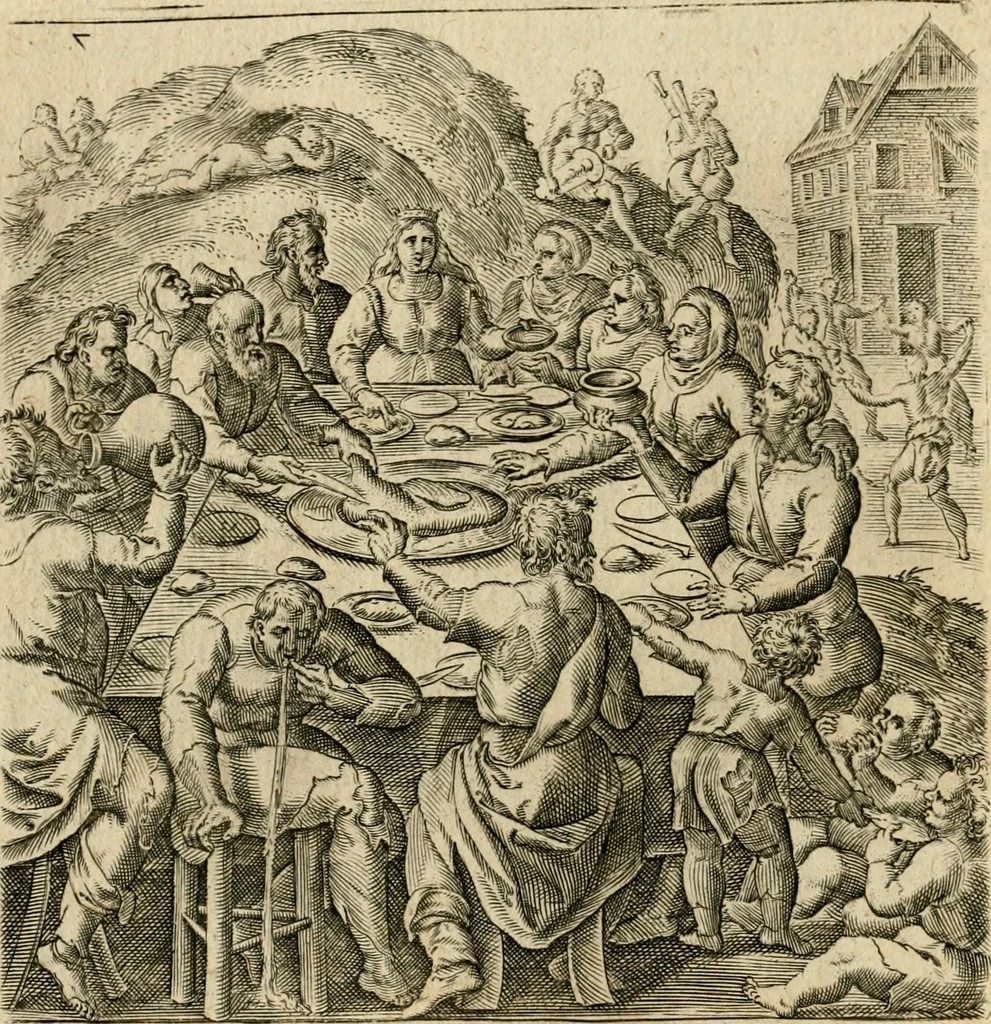 An illustration from Recht ghebruyck ende misbruyck van tydlicke have : welckers sin-rijcke af-beeldingen van D.V. Coornhert zyn bedacht, oock met zyn eygen hand in 't koper gesneden : hier by is gevoegt 't bedrogh des wereldts, of het luije en leckere leven door Pandolphus Collenutius, mede den lof-zang van 't goud, oock gedichten op den A.B.C. alles in seer leer-lycken dicht seer stichtelyck en vermakelyck gestelt, 1620, leaf 21