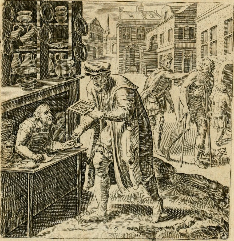 An illustration from Recht ghebruyck ende misbruyck van tydlicke have : welckers sin-rijcke af-beeldingen van D.V. Coornhert zyn bedacht, oock met zyn eygen hand in 't koper gesneden : hier by is gevoegt 't bedrogh des wereldts, of het luije en leckere leven door Pandolphus Collenutius, mede den lof-zang van 't goud, oock gedichten op den A.B.C. alles in seer leer-lycken dicht seer stichtelyck en vermakelyck gestelt, 1620, leaf 25