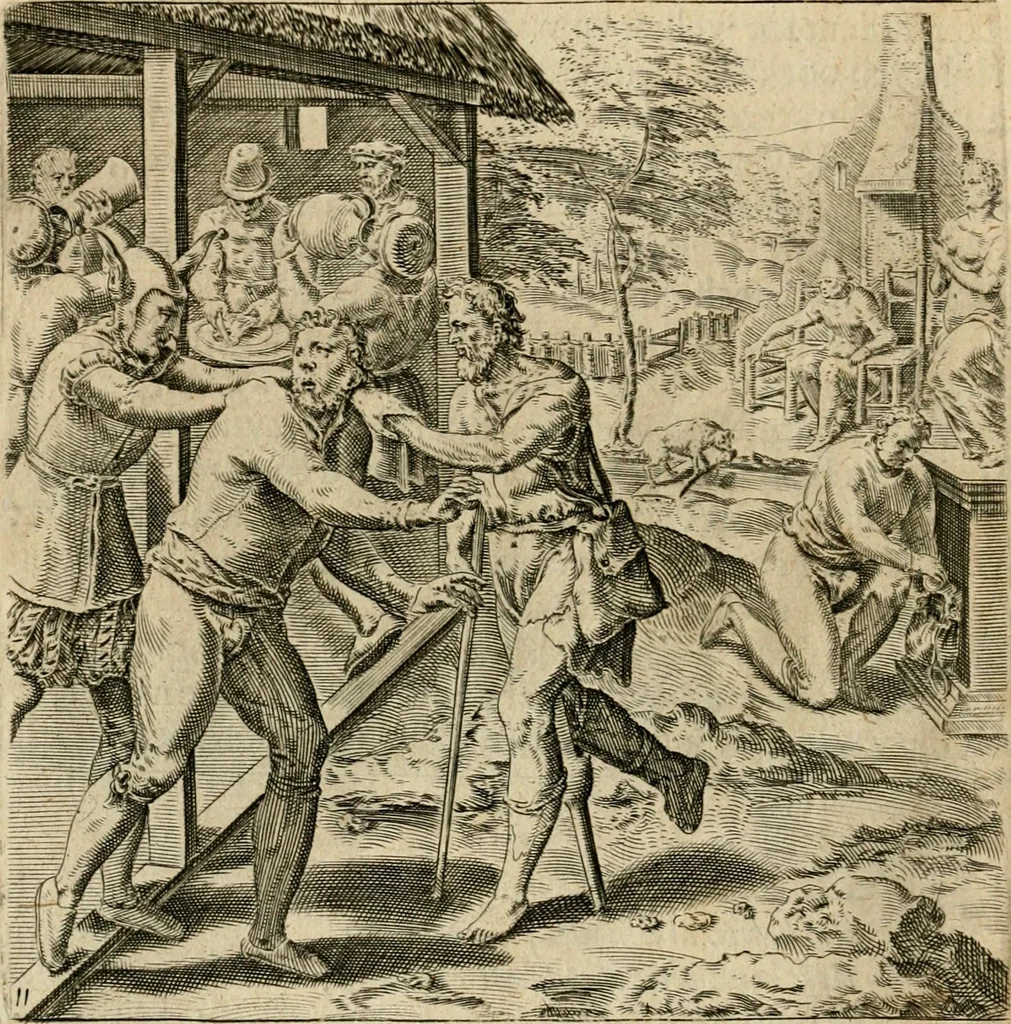 An illustration from Recht ghebruyck ende misbruyck van tydlicke have : welckers sin-rijcke af-beeldingen van D.V. Coornhert zyn bedacht, oock met zyn eygen hand in 't koper gesneden : hier by is gevoegt 't bedrogh des wereldts, of het luije en leckere leven door Pandolphus Collenutius, mede den lof-zang van 't goud, oock gedichten op den A.B.C. alles in seer leer-lycken dicht seer stichtelyck en vermakelyck gestelt, 1620, leaf 29