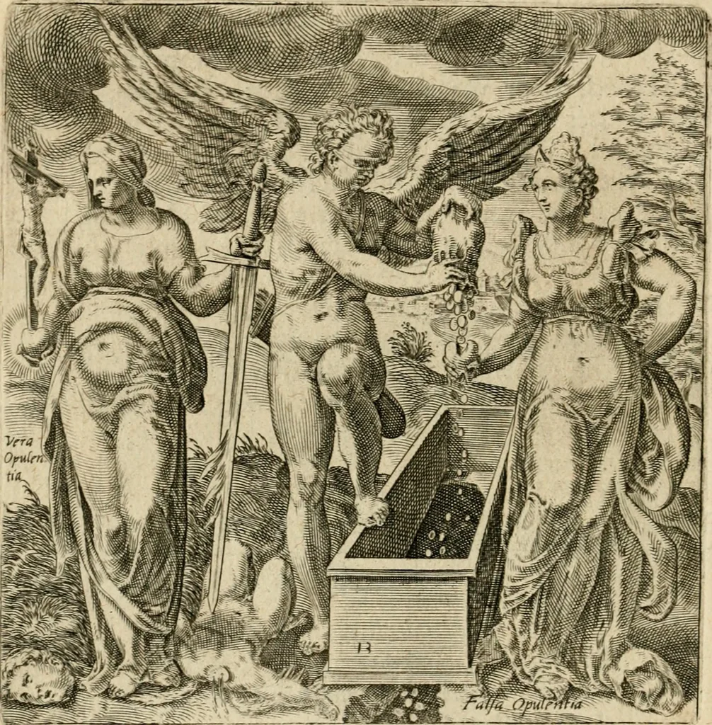 An illustration from Recht ghebruyck ende misbruyck van tydlicke have : welckers sin-rijcke af-beeldingen van D.V. Coornhert zyn bedacht, oock met zyn eygen hand in 't koper gesneden : hier by is gevoegt 't bedrogh des wereldts, of het luije en leckere leven door Pandolphus Collenutius, mede den lof-zang van 't goud, oock gedichten op den A.B.C. alles in seer leer-lycken dicht seer stichtelyck en vermakelyck gestelt, 1620, leaf 33