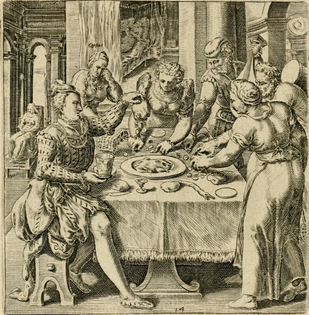 An illustration from Recht ghebruyck ende misbruyck van tydlicke have : welckers sin-rijcke af-beeldingen van D.V. Coornhert zyn bedacht, oock met zyn eygen hand in 't koper gesneden : hier by is gevoegt 't bedrogh des wereldts, of het luije en leckere leven door Pandolphus Collenutius, mede den lof-zang van 't goud, oock gedichten op den A.B.C. alles in seer leer-lycken dicht seer stichtelyck en vermakelyck gestelt, 1620, leaf 35