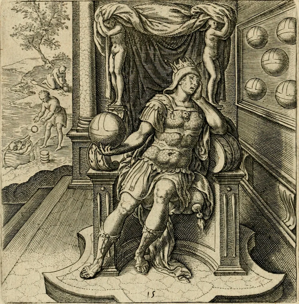 An illustration from Recht ghebruyck ende misbruyck van tydlicke have : welckers sin-rijcke af-beeldingen van D.V. Coornhert zyn bedacht, oock met zyn eygen hand in 't koper gesneden : hier by is gevoegt 't bedrogh des wereldts, of het luije en leckere leven door Pandolphus Collenutius, mede den lof-zang van 't goud, oock gedichten op den A.B.C. alles in seer leer-lycken dicht seer stichtelyck en vermakelyck gestelt, 1620, leaf 37