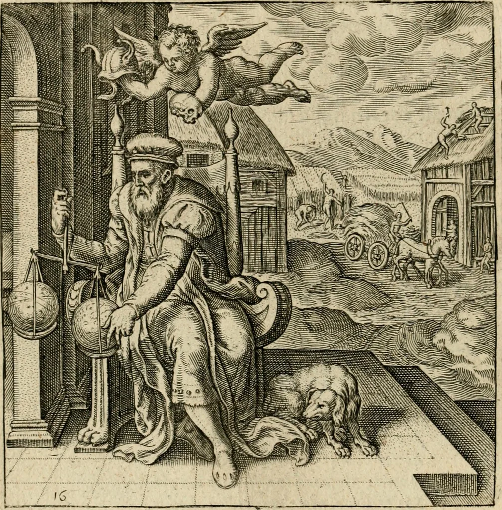 An illustration from Recht ghebruyck ende misbruyck van tydlicke have : welckers sin-rijcke af-beeldingen van D.V. Coornhert zyn bedacht, oock met zyn eygen hand in 't koper gesneden : hier by is gevoegt 't bedrogh des wereldts, of het luije en leckere leven door Pandolphus Collenutius, mede den lof-zang van 't goud, oock gedichten op den A.B.C. alles in seer leer-lycken dicht seer stichtelyck en vermakelyck gestelt, 1620, leaf 39