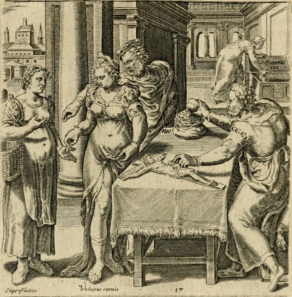 An illustration from Recht ghebruyck ende misbruyck van tydlicke have : welckers sin-rijcke af-beeldingen van D.V. Coornhert zyn bedacht, oock met zyn eygen hand in 't koper gesneden : hier by is gevoegt 't bedrogh des wereldts, of het luije en leckere leven door Pandolphus Collenutius, mede den lof-zang van 't goud, oock gedichten op den A.B.C. alles in seer leer-lycken dicht seer stichtelyck en vermakelyck gestelt, 1620, leaf 41