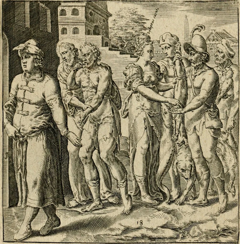An illustration from Recht ghebruyck ende misbruyck van tydlicke have : welckers sin-rijcke af-beeldingen van D.V. Coornhert zyn bedacht, oock met zyn eygen hand in 't koper gesneden : hier by is gevoegt 't bedrogh des wereldts, of het luije en leckere leven door Pandolphus Collenutius, mede den lof-zang van 't goud, oock gedichten op den A.B.C. alles in seer leer-lycken dicht seer stichtelyck en vermakelyck gestelt, 1620, leaf 43