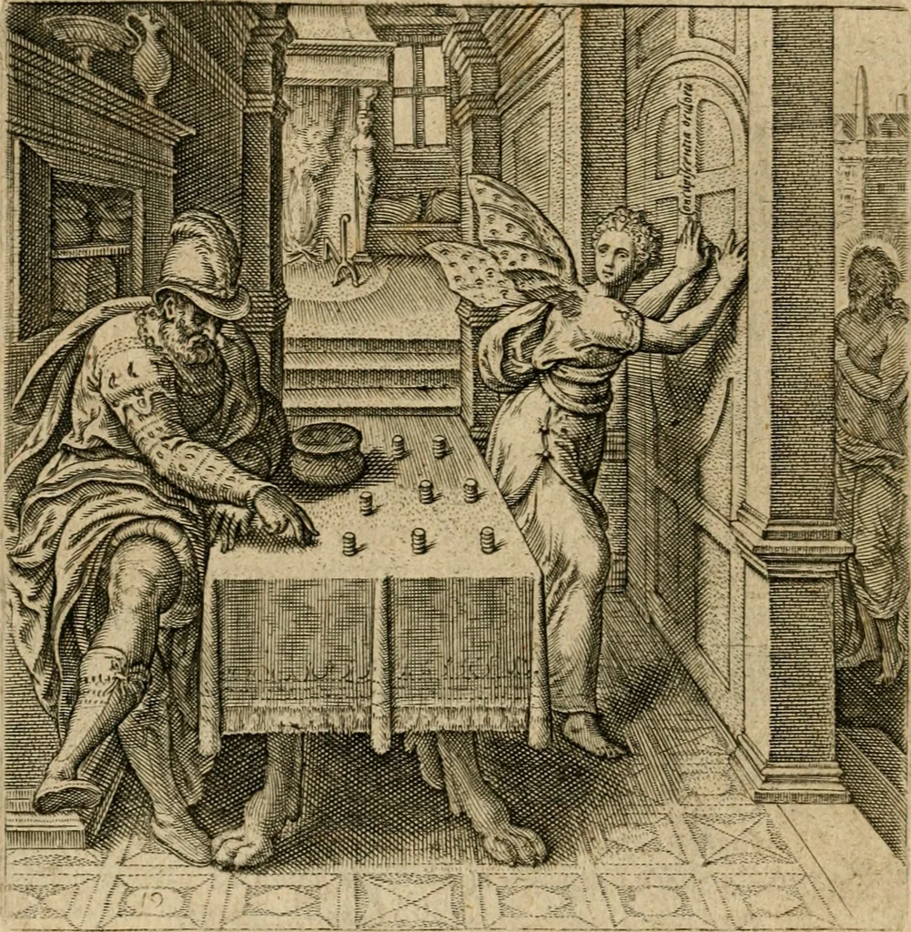 An illustration from Recht ghebruyck ende misbruyck van tydlicke have : welckers sin-rijcke af-beeldingen van D.V. Coornhert zyn bedacht, oock met zyn eygen hand in 't koper gesneden : hier by is gevoegt 't bedrogh des wereldts, of het luije en leckere leven door Pandolphus Collenutius, mede den lof-zang van 't goud, oock gedichten op den A.B.C. alles in seer leer-lycken dicht seer stichtelyck en vermakelyck gestelt, 1620, leaf 45