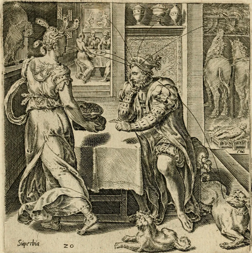 An illustration from Recht ghebruyck ende misbruyck van tydlicke have : welckers sin-rijcke af-beeldingen van D.V. Coornhert zyn bedacht, oock met zyn eygen hand in 't koper gesneden : hier by is gevoegt 't bedrogh des wereldts, of het luije en leckere leven door Pandolphus Collenutius, mede den lof-zang van 't goud, oock gedichten op den A.B.C. alles in seer leer-lycken dicht seer stichtelyck en vermakelyck gestelt, 1620, leaf 47