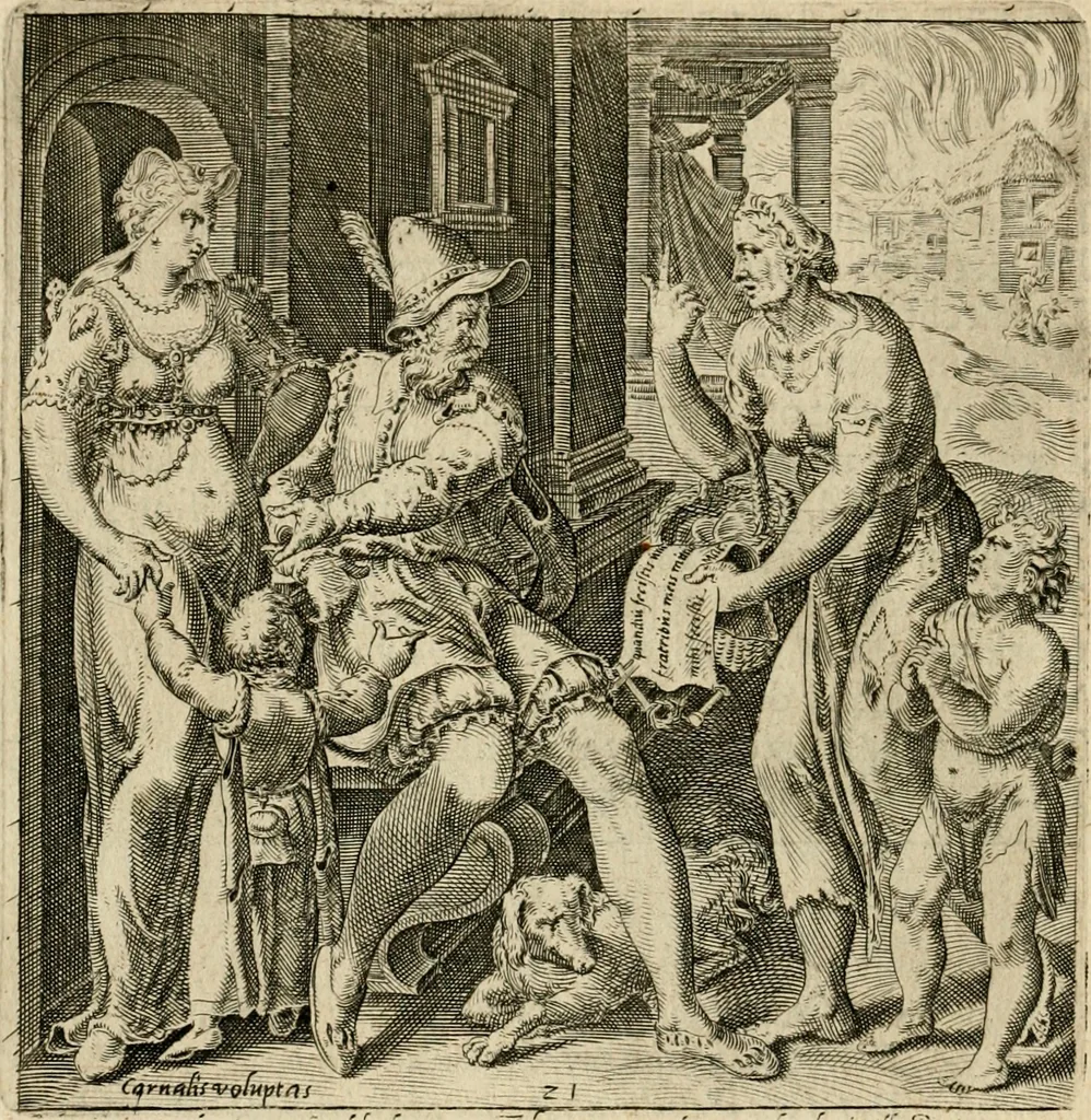 An illustration from Recht ghebruyck ende misbruyck van tydlicke have : welckers sin-rijcke af-beeldingen van D.V. Coornhert zyn bedacht, oock met zyn eygen hand in 't koper gesneden : hier by is gevoegt 't bedrogh des wereldts, of het luije en leckere leven door Pandolphus Collenutius, mede den lof-zang van 't goud, oock gedichten op den A.B.C. alles in seer leer-lycken dicht seer stichtelyck en vermakelyck gestelt, 1620, leaf 49