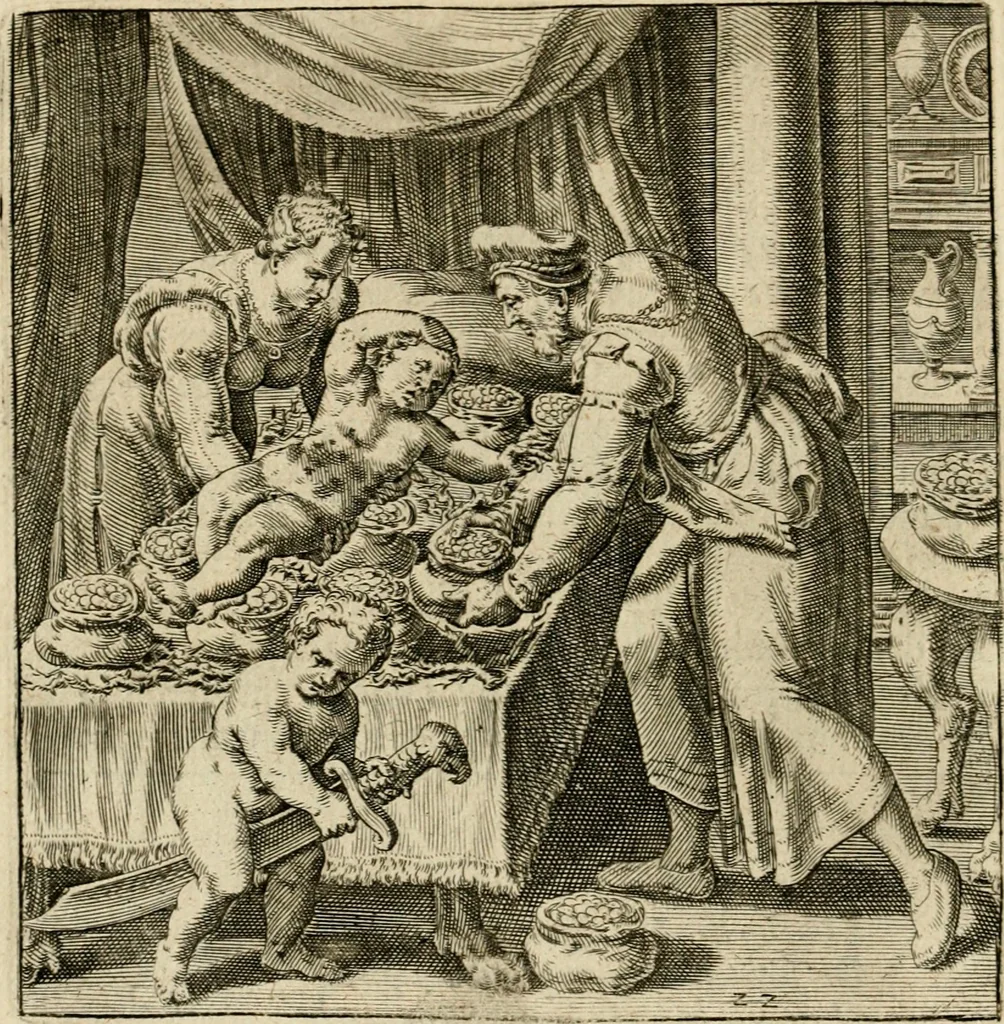 An illustration from Recht ghebruyck ende misbruyck van tydlicke have : welckers sin-rijcke af-beeldingen van D.V. Coornhert zyn bedacht, oock met zyn eygen hand in 't koper gesneden : hier by is gevoegt 't bedrogh des wereldts, of het luije en leckere leven door Pandolphus Collenutius, mede den lof-zang van 't goud, oock gedichten op den A.B.C. alles in seer leer-lycken dicht seer stichtelyck en vermakelyck gestelt, 1620, leaf 51