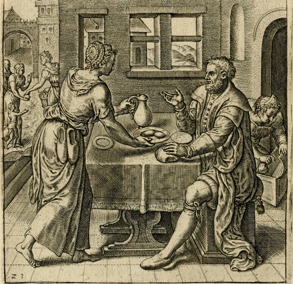 An illustration from Recht ghebruyck ende misbruyck van tydlicke have : welckers sin-rijcke af-beeldingen van D.V. Coornhert zyn bedacht, oock met zyn eygen hand in 't koper gesneden : hier by is gevoegt 't bedrogh des wereldts, of het luije en leckere leven door Pandolphus Collenutius, mede den lof-zang van 't goud, oock gedichten op den A.B.C. alles in seer leer-lycken dicht seer stichtelyck en vermakelyck gestelt, 1620, leaf 53