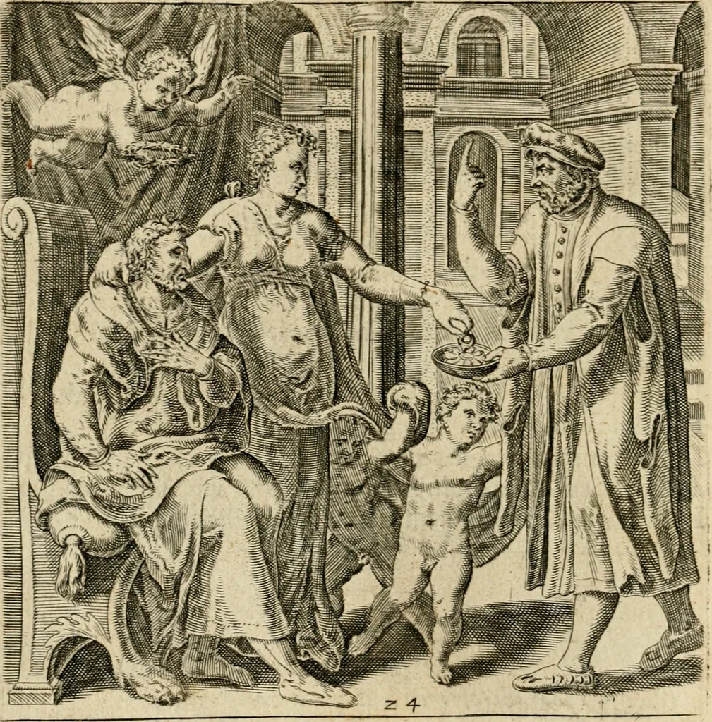 An illustration from Recht ghebruyck ende misbruyck van tydlicke have : welckers sin-rijcke af-beeldingen van D.V. Coornhert zyn bedacht, oock met zyn eygen hand in 't koper gesneden : hier by is gevoegt 't bedrogh des wereldts, of het luije en leckere leven door Pandolphus Collenutius, mede den lof-zang van 't goud, oock gedichten op den A.B.C. alles in seer leer-lycken dicht seer stichtelyck en vermakelyck gestelt, 1620, leaf 55
