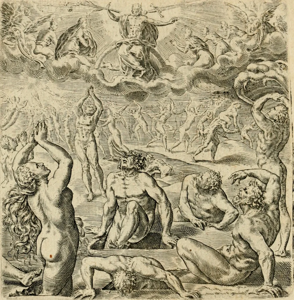 An illustration from Recht ghebruyck ende misbruyck van tydlicke have : welckers sin-rijcke af-beeldingen van D.V. Coornhert zyn bedacht, oock met zyn eygen hand in 't koper gesneden : hier by is gevoegt 't bedrogh des wereldts, of het luije en leckere leven door Pandolphus Collenutius, mede den lof-zang van 't goud, oock gedichten op den A.B.C. alles in seer leer-lycken dicht seer stichtelyck en vermakelyck gestelt, 1620, leaf 57