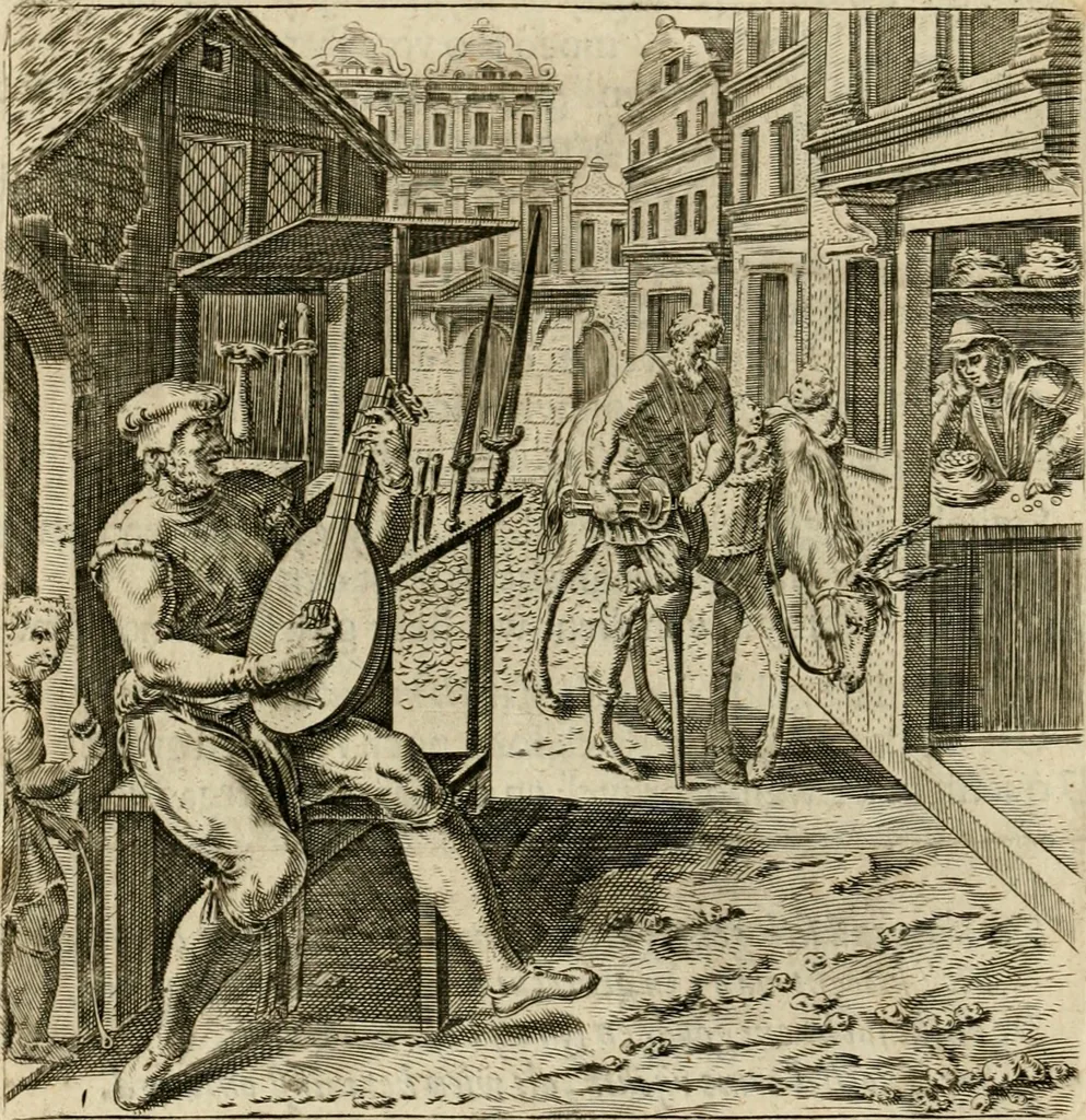 An illustration from Recht ghebruyck ende misbruyck van tydlicke have : welckers sin-rijcke af-beeldingen van D.V. Coornhert zyn bedacht, oock met zyn eygen hand in 't koper gesneden : hier by is gevoegt 't bedrogh des wereldts, of het luije en leckere leven door Pandolphus Collenutius, mede den lof-zang van 't goud, oock gedichten op den A.B.C. alles in seer leer-lycken dicht seer stichtelyck en vermakelyck gestelt, 1620, leaf 9