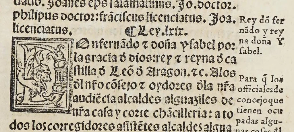 An illustration from Recopilacio[n] de algunas bullas del summo pontifice, co[n]cedidas, en fauor de la jurisdicio[n] real, con todas las pragmaticas, y algunas leyes del reyno, hechas para la buena gouernacion y guarda de la justicia y muchas pragmaticas y leyes añadidas q[ue] hasta aqui no fueron impressas. : En especial estan añadidas las leyes de Madrid y de los ara[n]zeles y de los paños y lanas y capitulos de corregidores y leyes de toro y leyes de la hermandad, vista y corregida y por orden de leyes puesta., 1550, leaf 155