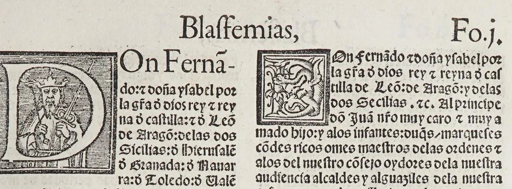 An illustration from Recopilacio[n] de algunas bullas del summo pontifice, co[n]cedidas, en fauor de la jurisdicio[n] real, con todas las pragmaticas, y algunas leyes del reyno, hechas para la buena gouernacion y guarda de la justicia y muchas pragmaticas y leyes añadidas q[ue] hasta aqui no fueron impressas. : En especial estan añadidas las leyes de Madrid y de los ara[n]zeles y de los paños y lanas y capitulos de corregidores y leyes de toro y leyes de la hermandad, vista y corregida y por orden de leyes puesta., 1550, leaf 17