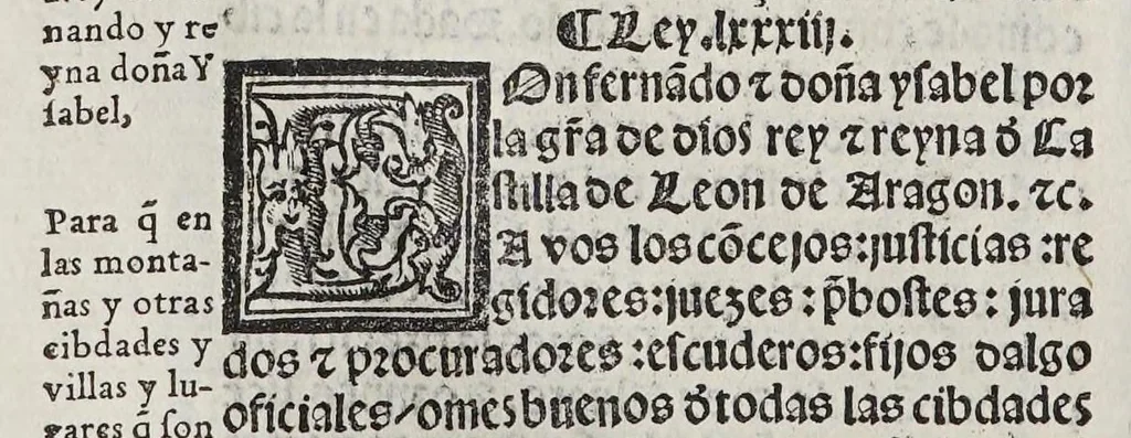 An illustration from Recopilacio[n] de algunas bullas del summo pontifice, co[n]cedidas, en fauor de la jurisdicio[n] real, con todas las pragmaticas, y algunas leyes del reyno, hechas para la buena gouernacion y guarda de la justicia y muchas pragmaticas y leyes añadidas q[ue] hasta aqui no fueron impressas. : En especial estan añadidas las leyes de Madrid y de los ara[n]zeles y de los paños y lanas y capitulos de corregidores y leyes de toro y leyes de la hermandad, vista y corregida y por orden de leyes puesta., 1550, leaf 172