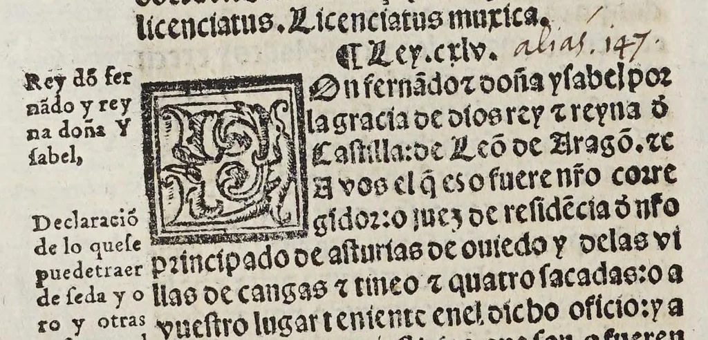 An illustration from Recopilacio[n] de algunas bullas del summo pontifice, co[n]cedidas, en fauor de la jurisdicio[n] real, con todas las pragmaticas, y algunas leyes del reyno, hechas para la buena gouernacion y guarda de la justicia y muchas pragmaticas y leyes añadidas q[ue] hasta aqui no fueron impressas. : En especial estan añadidas las leyes de Madrid y de los ara[n]zeles y de los paños y lanas y capitulos de corregidores y leyes de toro y leyes de la hermandad, vista y corregida y por orden de leyes puesta., 1550, leaf 294
