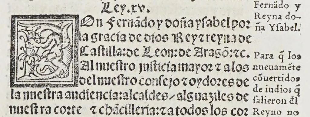 An illustration from Recopilacio[n] de algunas bullas del summo pontifice, co[n]cedidas, en fauor de la jurisdicio[n] real, con todas las pragmaticas, y algunas leyes del reyno, hechas para la buena gouernacion y guarda de la justicia y muchas pragmaticas y leyes añadidas q[ue] hasta aqui no fueron impressas. : En especial estan añadidas las leyes de Madrid y de los ara[n]zeles y de los paños y lanas y capitulos de corregidores y leyes de toro y leyes de la hermandad, vista y corregida y por orden de leyes puesta., 1550, leaf 33