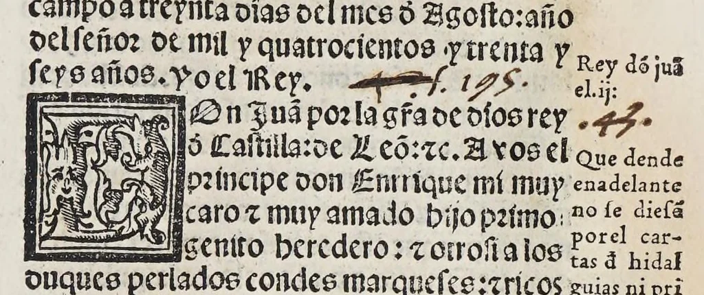 An illustration from Recopilacio[n] de algunas bullas del summo pontifice, co[n]cedidas, en fauor de la jurisdicio[n] real, con todas las pragmaticas, y algunas leyes del reyno, hechas para la buena gouernacion y guarda de la justicia y muchas pragmaticas y leyes añadidas q[ue] hasta aqui no fueron impressas. : En especial estan añadidas las leyes de Madrid y de los ara[n]zeles y de los paños y lanas y capitulos de corregidores y leyes de toro y leyes de la hermandad, vista y corregida y por orden de leyes puesta., 1550, leaf 363