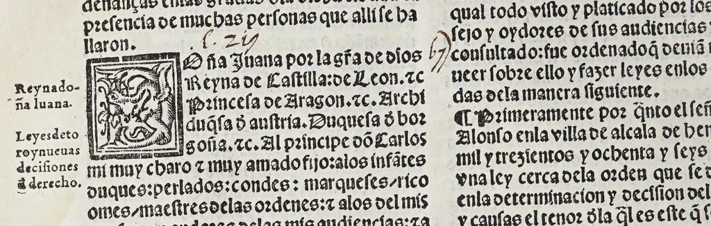 An illustration from Recopilacio[n] de algunas bullas del summo pontifice, co[n]cedidas, en fauor de la jurisdicio[n] real, con todas las pragmaticas, y algunas leyes del reyno, hechas para la buena gouernacion y guarda de la justicia y muchas pragmaticas y leyes añadidas q[ue] hasta aqui no fueron impressas. : En especial estan añadidas las leyes de Madrid y de los ara[n]zeles y de los paños y lanas y capitulos de corregidores y leyes de toro y leyes de la hermandad, vista y corregida y por orden de leyes puesta., 1550, leaf 436