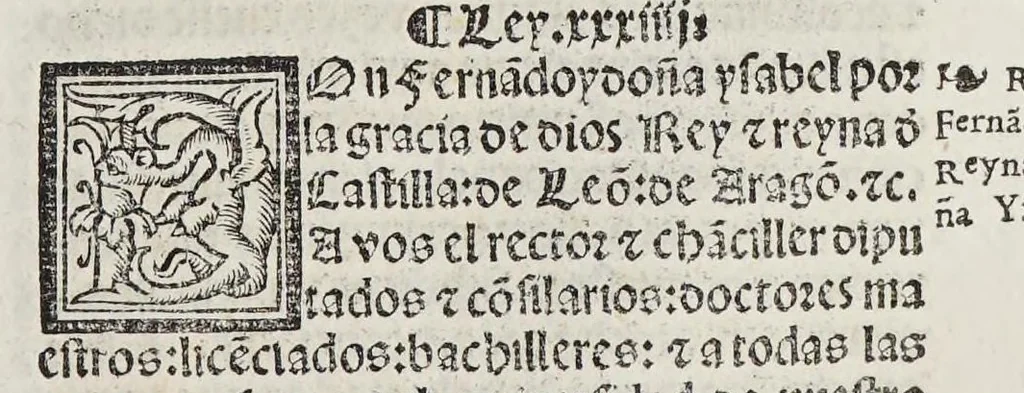 An illustration from Recopilacio[n] de algunas bullas del summo pontifice, co[n]cedidas, en fauor de la jurisdicio[n] real, con todas las pragmaticas, y algunas leyes del reyno, hechas para la buena gouernacion y guarda de la justicia y muchas pragmaticas y leyes añadidas q[ue] hasta aqui no fueron impressas. : En especial estan añadidas las leyes de Madrid y de los ara[n]zeles y de los paños y lanas y capitulos de corregidores y leyes de toro y leyes de la hermandad, vista y corregida y por orden de leyes puesta., 1550, leaf 59