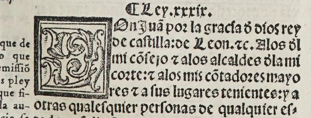 An illustration from Recopilacio[n] de algunas bullas del summo pontifice, co[n]cedidas, en fauor de la jurisdicio[n] real, con todas las pragmaticas, y algunas leyes del reyno, hechas para la buena gouernacion y guarda de la justicia y muchas pragmaticas y leyes añadidas q[ue] hasta aqui no fueron impressas. : En especial estan añadidas las leyes de Madrid y de los ara[n]zeles y de los paños y lanas y capitulos de corregidores y leyes de toro y leyes de la hermandad, vista y corregida y por orden de leyes puesta., 1550, leaf 69
