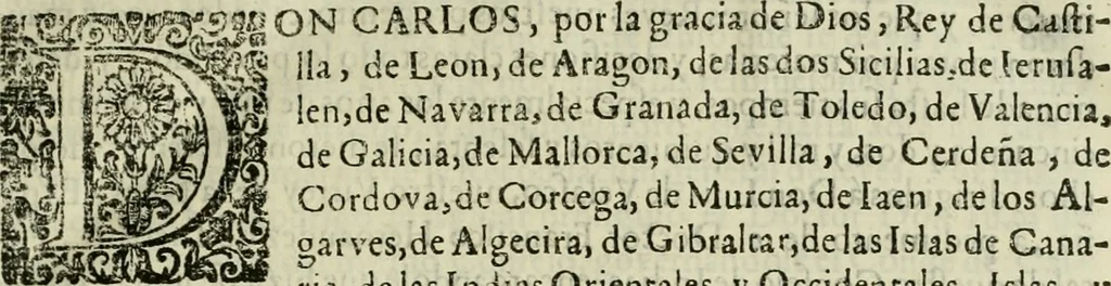 An illustration from Recopilacion de leyes de los reynos de las Indias : mandadas imprimir, y publicar por la magestad catolica del rey don Carlos II, nuestro señor : va dividida en quatro tomos, con el indice general, y al principio de cada tomo el indice especial de los titulos, que contiene, 1681, leaf 14