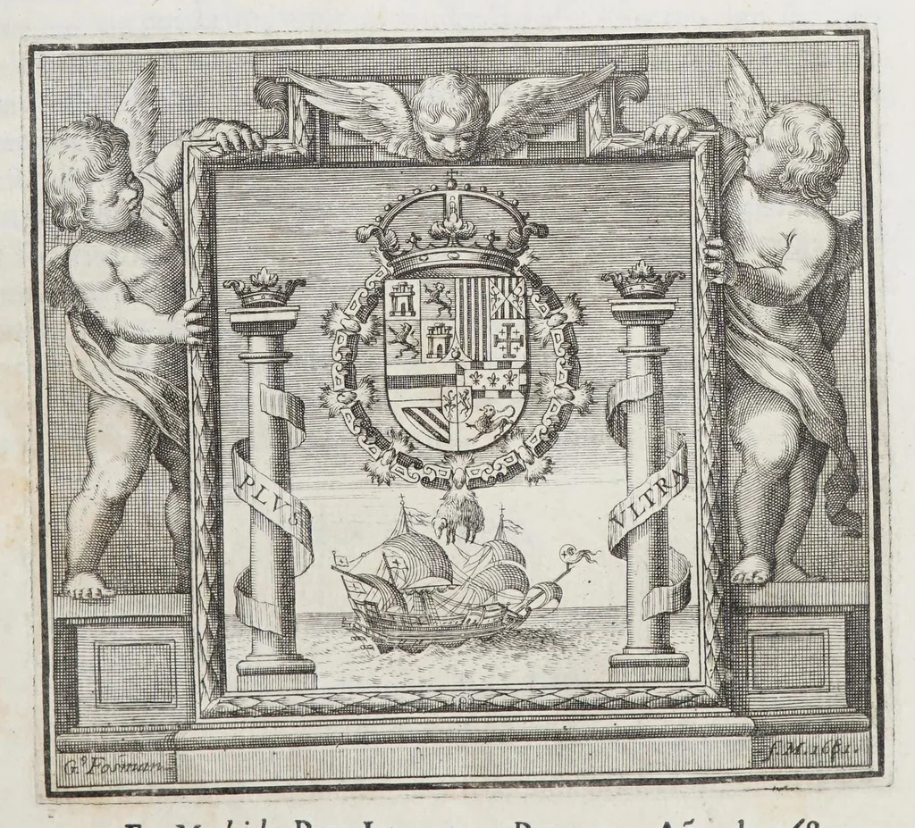 An illustration from Recopilacion de leyes de los reynos de las Indias. : Mandadas imprimir, y publicar por la Magestad Catolica del rey don Carlos II, nuestro señor. Va dividida en quatro tomos, con el indice general, y al principio de cada tomo el indice especial de los titulos, que contiene, 1681, leaf 5