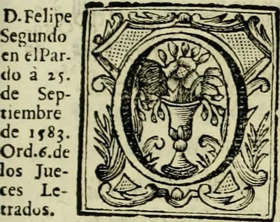 An illustration from Recopilacion de leyes de los reynos de las Indias : mandadas imprimir, y publicar por la magestad catolica del rey don Carlos II, nuestro señor : va dividida en quatro tomos, con el indice general, y al principio de cada tomo el indice especial de los titulos, que contiene, 1681, leaf 354