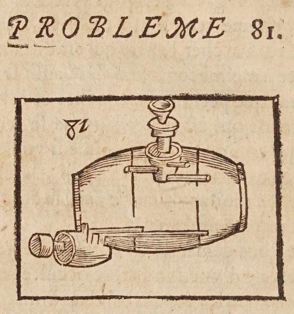An illustration from Recreations mathematiques : composées de plusieurs problemes, plaisans & facetieux, d'arithmetique, geometrie, astrologie, optique, perspectiue, mechanique, chymie, & d'autres rares & curieux secrets : plusieurs desquels n'ont iamais esté imprimez : premiere et seconde partie : la troisiesme partie contient vn recueil de plusieurs gentilles & recreatiues inuentions de feux d'artifice : la maniere de faire toutes sortes de fuzees, simples & composees : le tout representé par figures, 1629, leaf 142