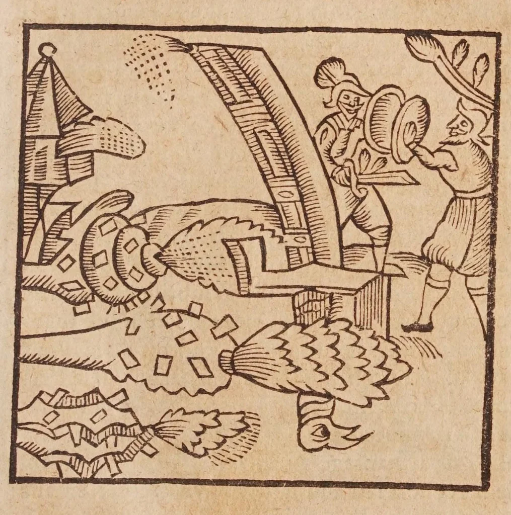 An illustration from Recreations mathematiques : composé̈s de plusieurs problemes plaisans & facetieux, d'arithmetique, geometrie, astrologie, optique, perspectiue, mechanique, & d'autres rares & curieux secrets : plusieurs desquels n'ont iamais esté imprimez : premiere et seconde partie : la troisiesme partie contient vn recueil de plusieurs gentilles & recreatiues inuentions de feux d'artifice : la maniere de faire toutes sortes de fuzées, simples & composées : le tout representé par figures, 1642, leaf 321