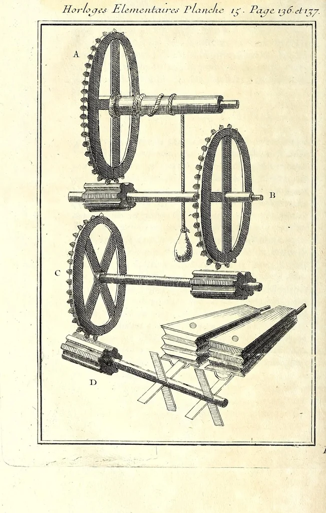 An illustration from Recreations mathematiques et physiques : qvi contiennent plusieurs problêmes d'arithmetique, de geometrie, d'optique, de gnomonique, de cosmographie, de mecanique, de pyrotechnie, & de physique : avec un traité nouveau des horloges elementaires, 1694, leaf 544