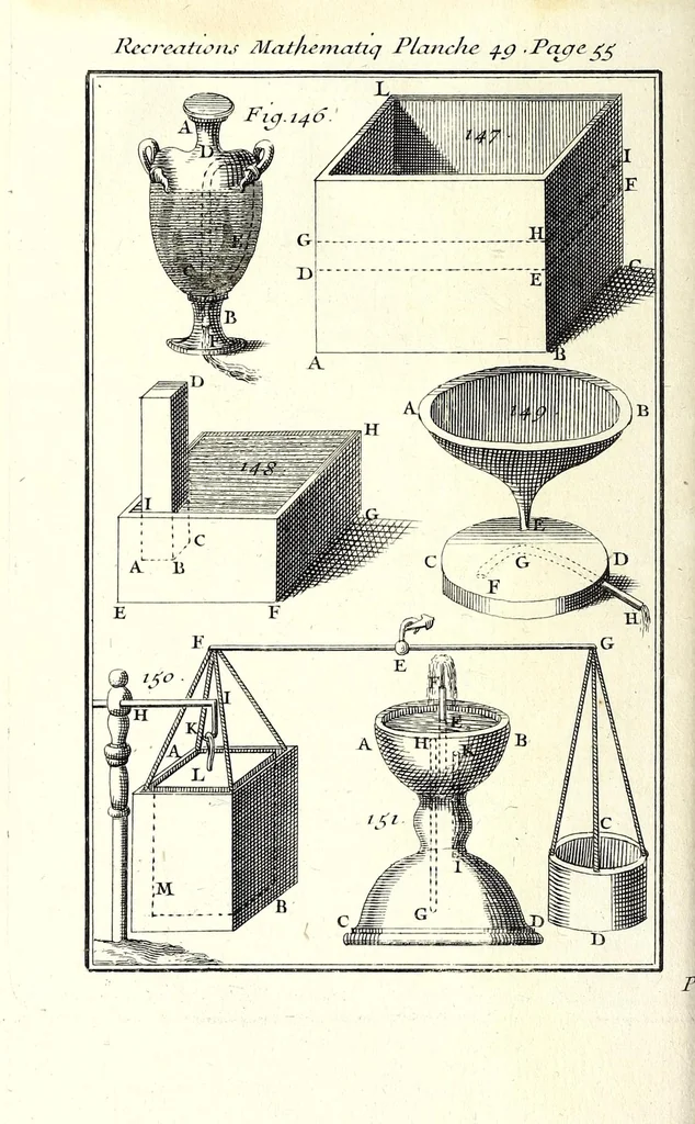 An illustration from Recreations mathematiques et physiques : qvi contiennent plusieurs problêmes d'arithmetique, de geometrie, d'optique, de gnomonique, de cosmographie, de mecanique, de pyrotechnie, & de physique : avec un traité nouveau des horloges elementaires, 1694, leaf 90