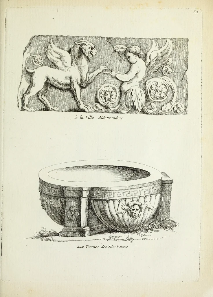 An illustration from Recueil d'antiquités romaines, ou, Voyage d'Italie : composé de 60 planches : dans lequel on trouve divers vases, autels, trepieds, arabesques et autres sujets gravés d'après les dessins que differens artistes ont fait pendant leur séjour en Italie, lesquels jusqu'à présent n'ont point encore été gravés, 1771, leaf 108
