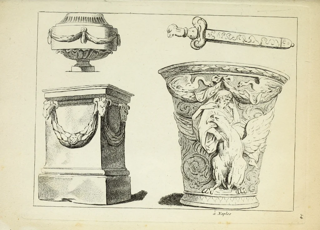 An illustration from Recueil d'antiquités romaines, ou, Voyage d'Italie : composé de 60 planches : dans lequel on trouve divers vases, autels, trepieds, arabesques et autres sujets gravés d'après les dessins que differens artistes ont fait pendant leur séjour en Italie, lesquels jusqu'à présent n'ont point encore été gravés, 1771, leaf 112