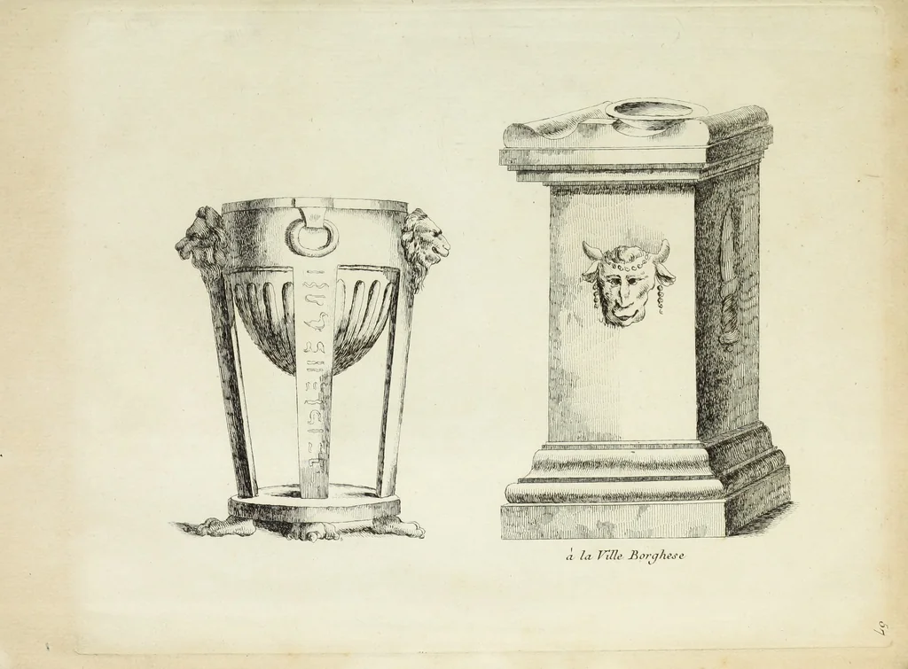 An illustration from Recueil d'antiquités romaines, ou, Voyage d'Italie : composé de 60 planches : dans lequel on trouve divers vases, autels, trepieds, arabesques et autres sujets gravés d'après les dessins que differens artistes ont fait pendant leur séjour en Italie, lesquels jusqu'à présent n'ont point encore été gravés, 1771, leaf 118