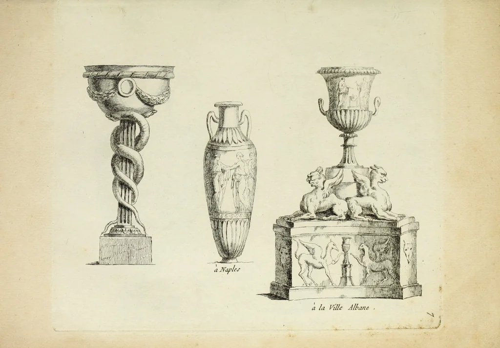 An illustration from Recueil d'antiquités romaines, ou, Voyage d'Italie : composé de 60 planches : dans lequel on trouve divers vases, autels, trepieds, arabesques et autres sujets gravés d'après les dessins que differens artistes ont fait pendant leur séjour en Italie, lesquels jusqu'à présent n'ont point encore été gravés, 1771, leaf 18