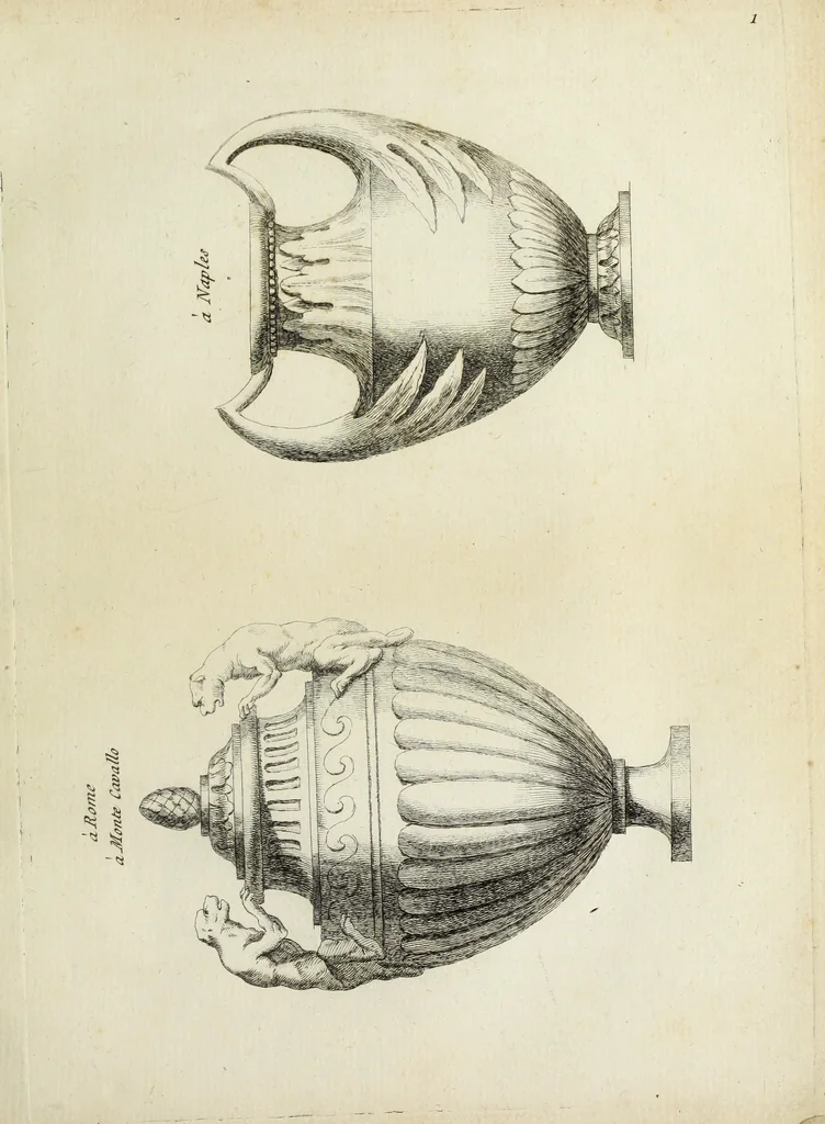 An illustration from Recueil d'antiquités romaines, ou, Voyage d'Italie : composé de 60 planches : dans lequel on trouve divers vases, autels, trepieds, arabesques et autres sujets gravés d'après les dessins que differens artistes ont fait pendant leur séjour en Italie, lesquels jusqu'à présent n'ont point encore été gravés, 1771, leaf 6