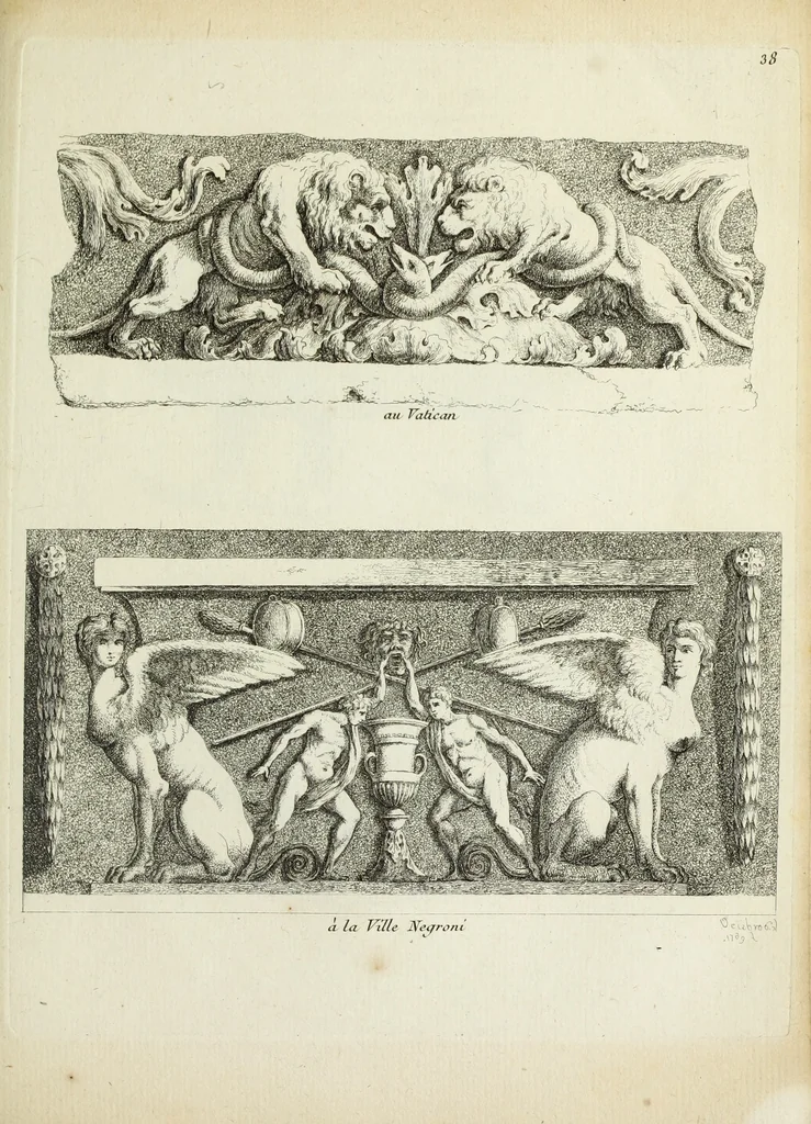 An illustration from Recueil d'antiquités romaines, ou, Voyage d'Italie : composé de 60 planches : dans lequel on trouve divers vases, autels, trepieds, arabesques et autres sujets gravés d'après les dessins que differens artistes ont fait pendant leur séjour en Italie, lesquels jusqu'à présent n'ont point encore été gravés, 1771, leaf 80