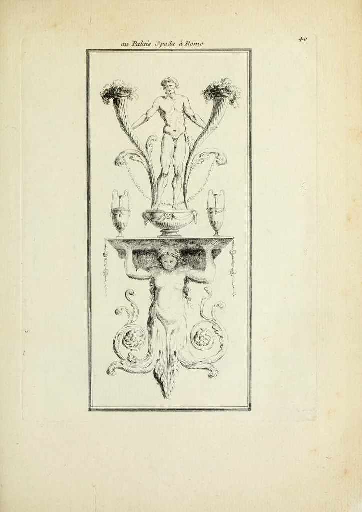 An illustration from Recueil d'antiquités romaines, ou, Voyage d'Italie : composé de 60 planches : dans lequel on trouve divers vases, autels, trepieds, arabesques et autres sujets gravés d'après les dessins que differens artistes ont fait pendant leur séjour en Italie, lesquels jusqu'à présent n'ont point encore été gravés, 1771, leaf 84