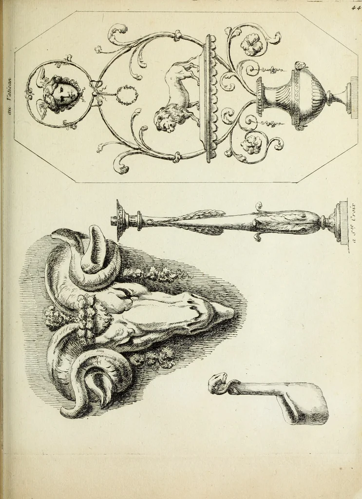 An illustration from Recueil d'antiquités romaines, ou, Voyage d'Italie : composé de 60 planches : dans lequel on trouve divers vases, autels, trepieds, arabesques et autres sujets gravés d'après les dessins que differens artistes ont fait pendant leur séjour en Italie, lesquels jusqu'à présent n'ont point encore été gravés, 1771, leaf 92