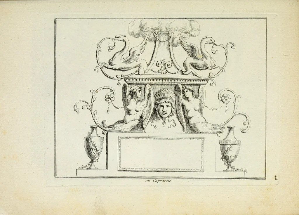 An illustration from Recueil d'antiquités romaines, ou, Voyage d'Italie : composé de 60 planches : dans lequel on trouve divers vases, autels, trepieds, arabesques et autres sujets gravés d'après les dessins que differens artistes ont fait pendant leur séjour en Italie, lesquels jusqu'à présent n'ont point encore été gravés, 1771, leaf 96