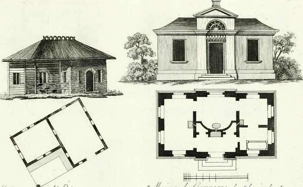 An illustration from Recueil de dessins d'une execution peu dispendieuse : contenans des plans de petites maisons de campagne, petits pavillons de jardins, temples, hermitages, chaumieres, monumens, obélisques, ruines, portails, portes, grilles, bancs de jardins, chaises, volieres, gondoles, ponts, etc. : ouvrage intéressant pour cette classes d'amateurs, qui sans faire de grandes dépenses, sont pourtant bien aises d'embellir leurs jardins d'ornamens nouveaux et pleins de goût, 1805, leaf 10