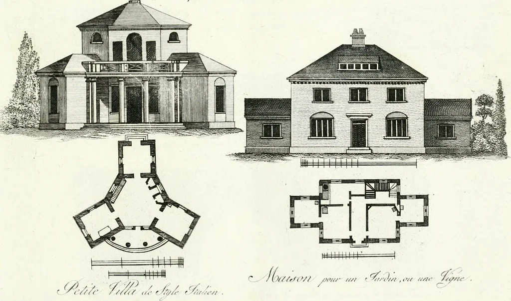 An illustration from Recueil de dessins d'une execution peu dispendieuse : contenans des plans de petites maisons de campagne, petits pavillons de jardins, temples, hermitages, chaumieres, monumens, obélisques, ruines, portails, portes, grilles, bancs de jardins, chaises, volieres, gondoles, ponts, etc. : ouvrage intéressant pour cette classes d'amateurs, qui sans faire de grandes dépenses, sont pourtant bien aises d'embellir leurs jardins d'ornamens nouveaux et pleins de goût, 1805, leaf 10