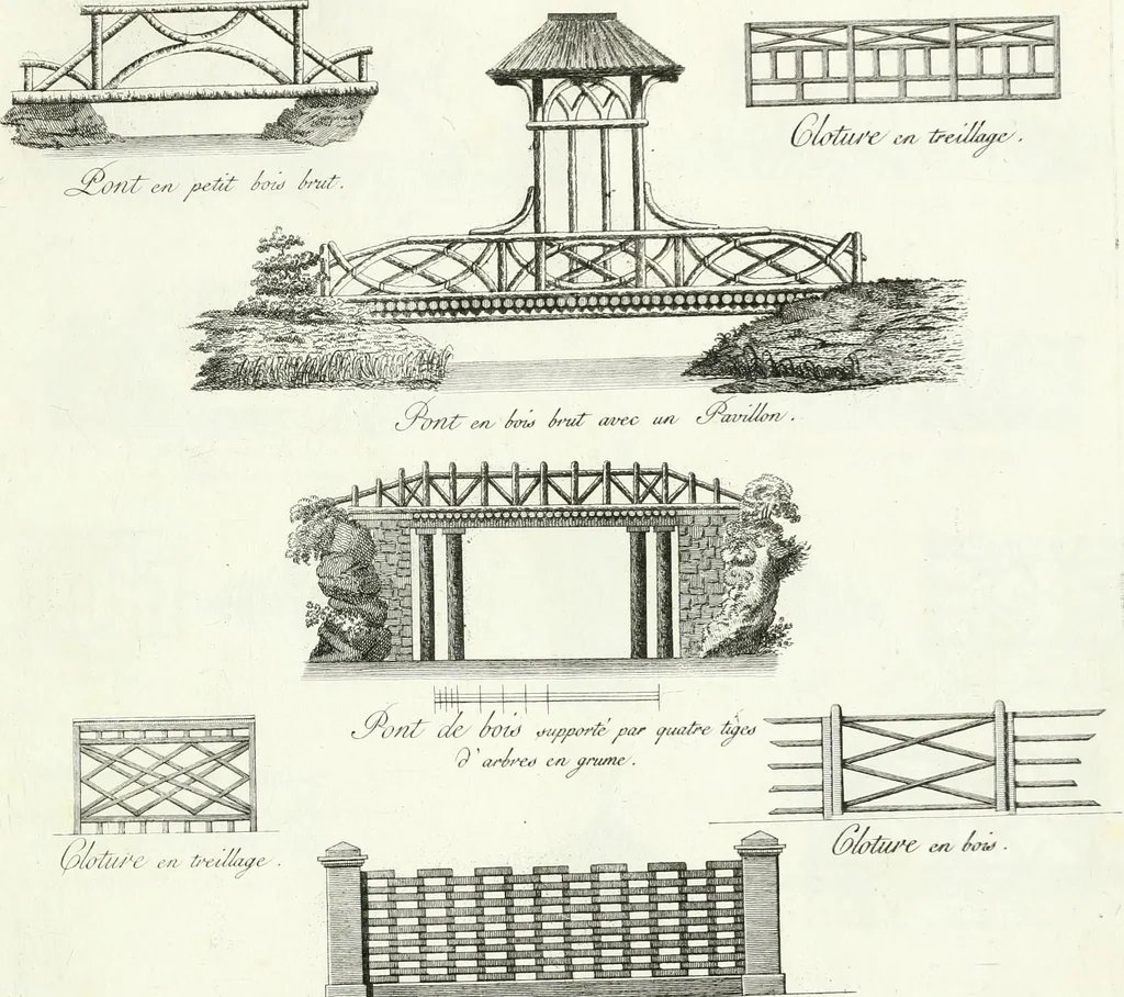 An illustration from Recueil de dessins d'une execution peu dispendieuse : contenans des plans de petites maisons de campagne, petits pavillons de jardins, temples, hermitages, chaumieres, monumens, obélisques, ruines, portails, portes, grilles, bancs de jardins, chaises, volieres, gondoles, ponts, etc. : ouvrage intéressant pour cette classes d'amateurs, qui sans faire de grandes dépenses, sont pourtant bien aises d'embellir leurs jardins d'ornamens nouveaux et pleins de goût, 1805, leaf 12